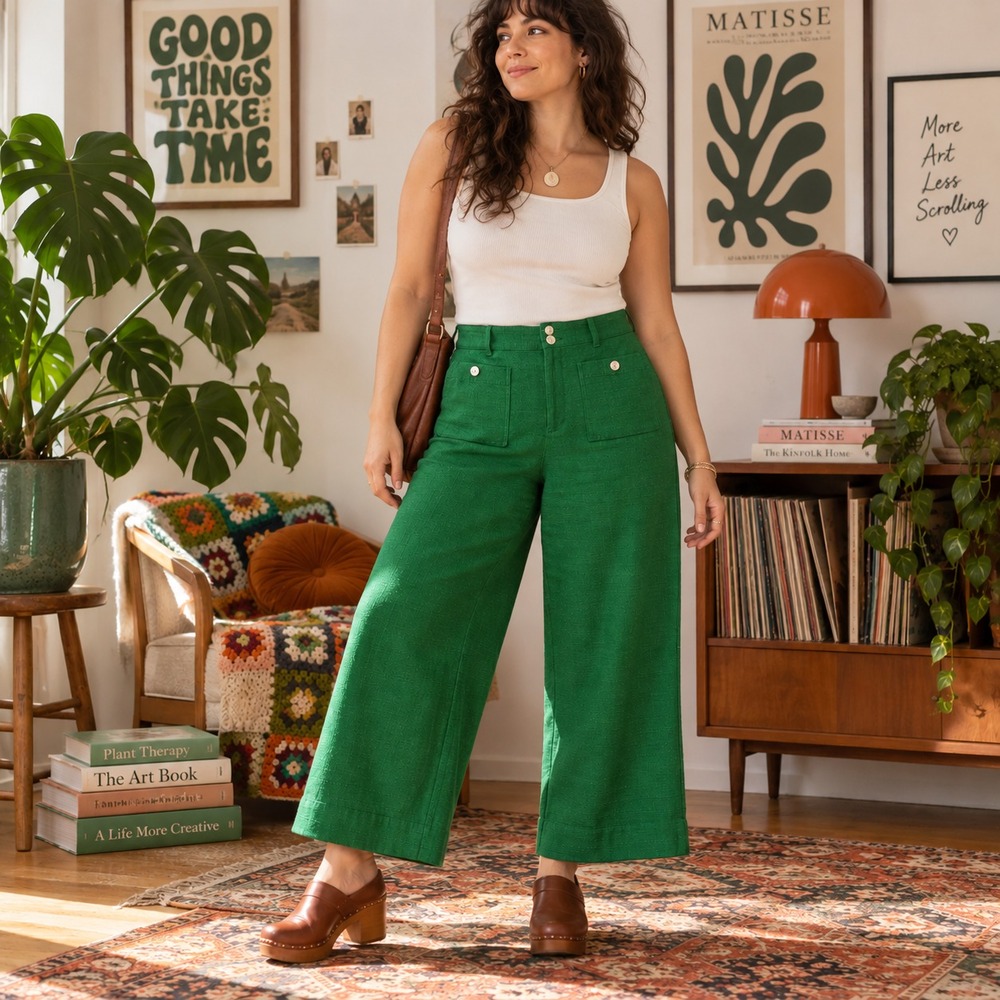New Chicos Womens Green Straight Leg Crop Pants Sz 3 US 16 Mod Artsy Eclectic